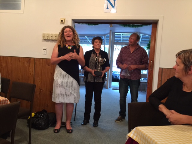 Commemorating Greg and Francie Saxon: Anna introduces Anne Pouwels (nee Saxon) who presented the Saxon cup in memory of her family's long association with the Te Aroha bridge club.